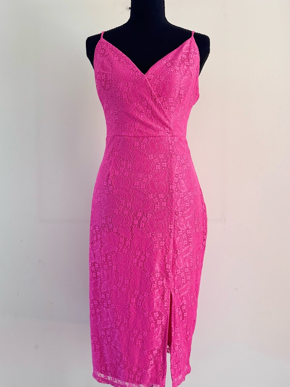 BCBGeneration Women's Hot Pink Rose Lace Medi Slip Dress with Spaghetti Straps